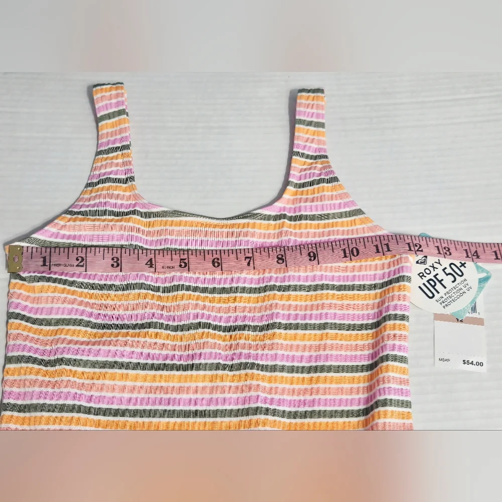 Roxy Girls One-Piece Swimsuit Size 12 Pastel Stripe Ribbed Low Back UPF 50+ NWT